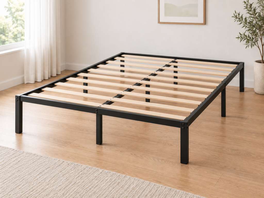 basic bed frame metal and wood platform