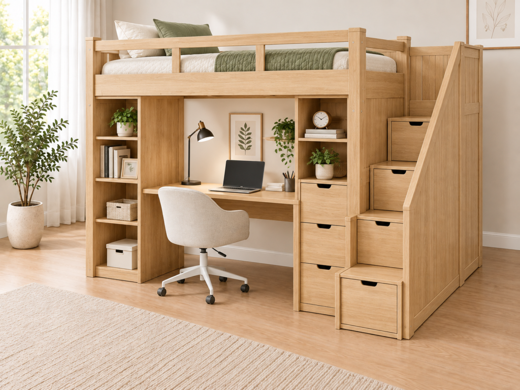 loft desk storage stairs natural wood