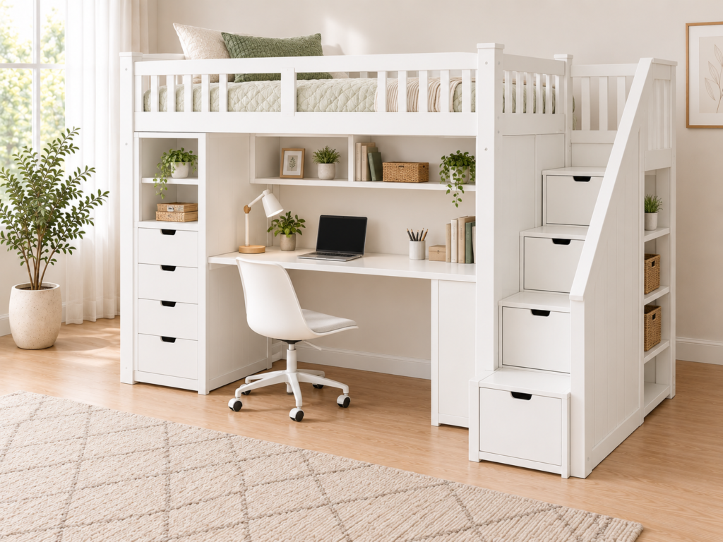 loft desk white storage stairs