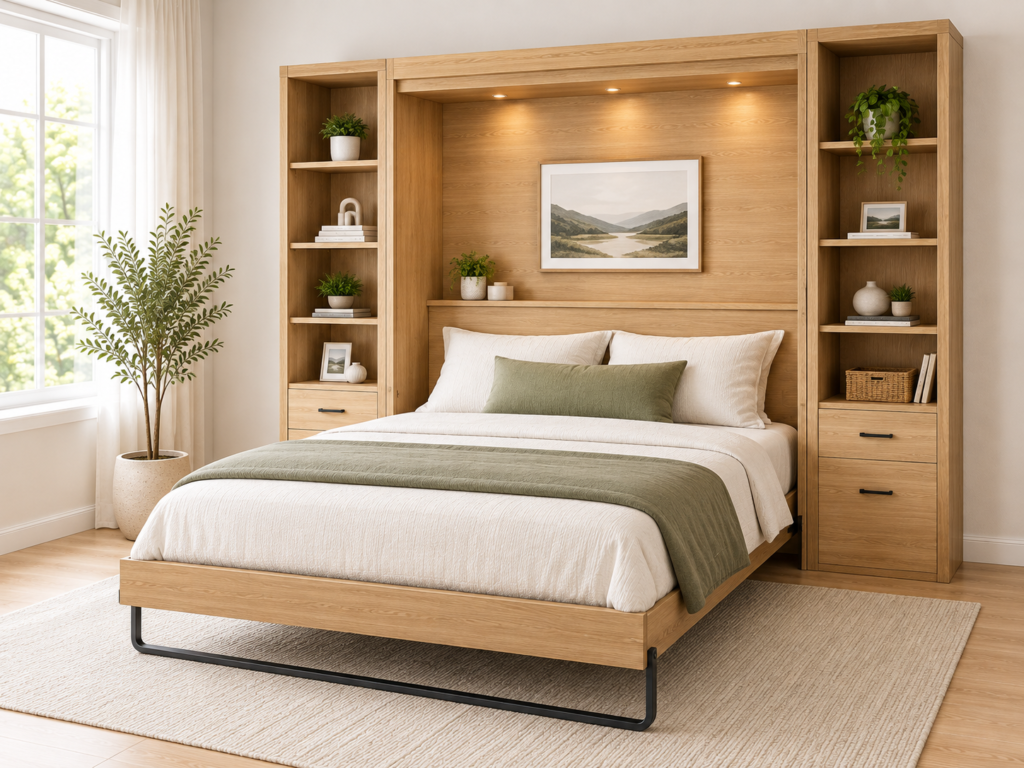 murphy wall bed wood shelving