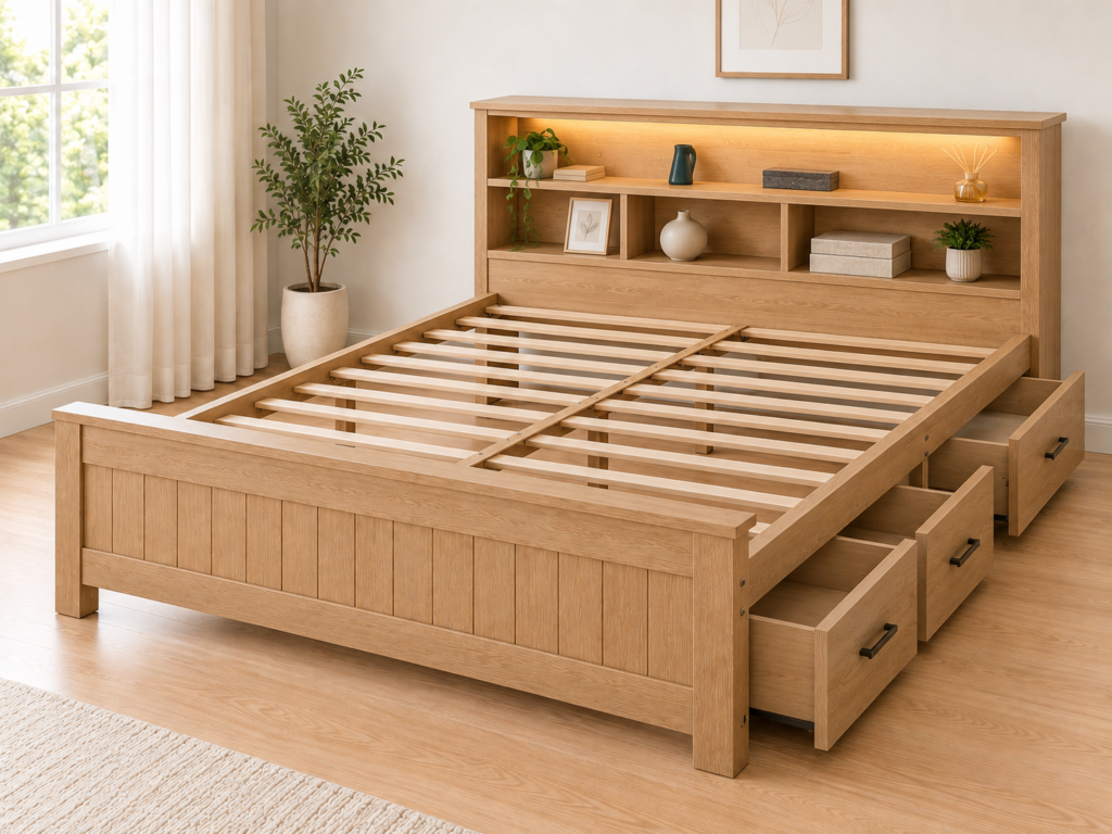 storage bed shelf and drawer